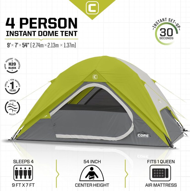 Core Equipment Instant Tent 4 Person Instant Dome Tent, Grey/Green